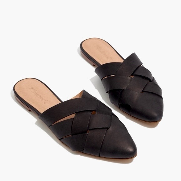 Madewell Cindy Black Leather Mules Woven Pointed Toe Slip On Flat Shoes Size 7 - Picture 1 of 4
